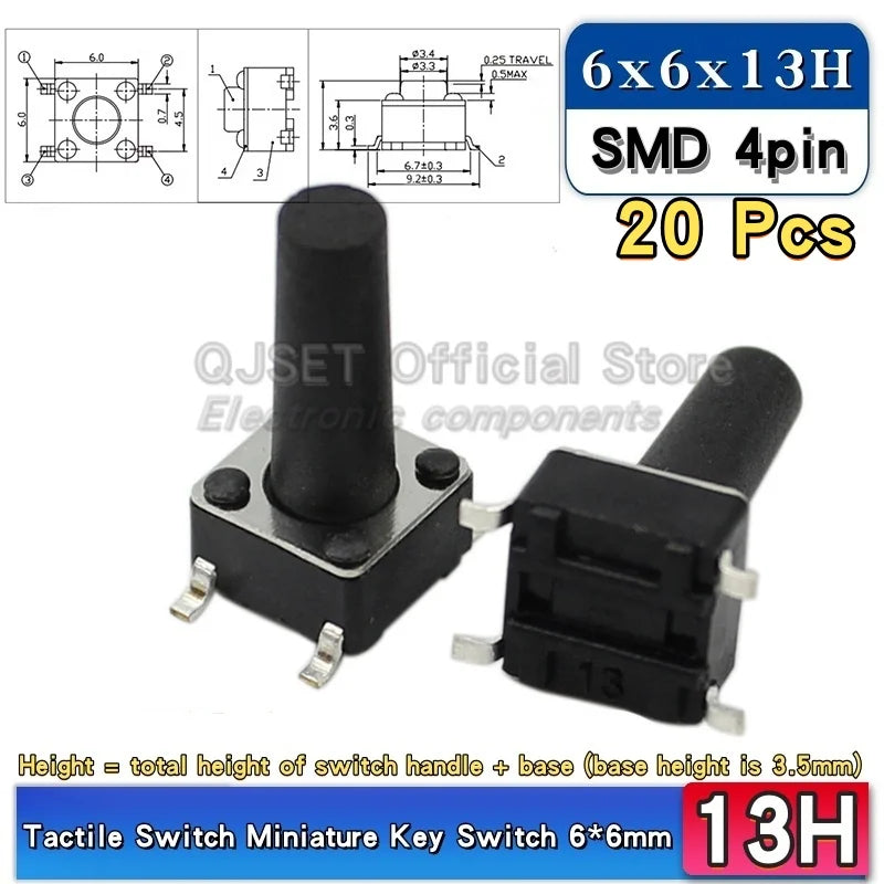 20pcs SMD Tactile Switch 6*6*4.3mm 6x6x5/6/7/8/9/10/11/12/13/14mm 6X6 4-Pin SMT Induction Oven Touch Tactile Button Micro Switch