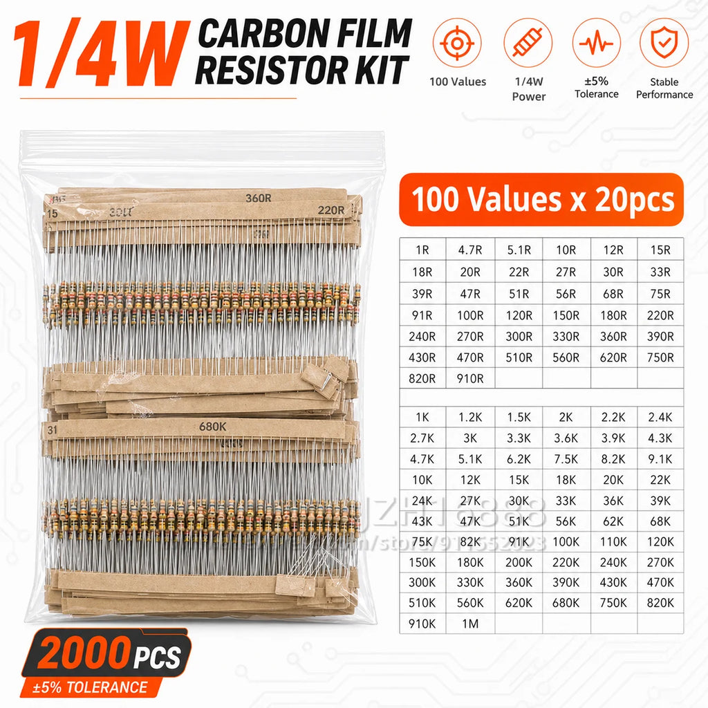 Carbon Film Resistor Kit 1/8W 1/4W 1/2W 1W 2W 3W 5W 5% 4 Band Through Hole Axial Lead Resistor DIY Electronic Components