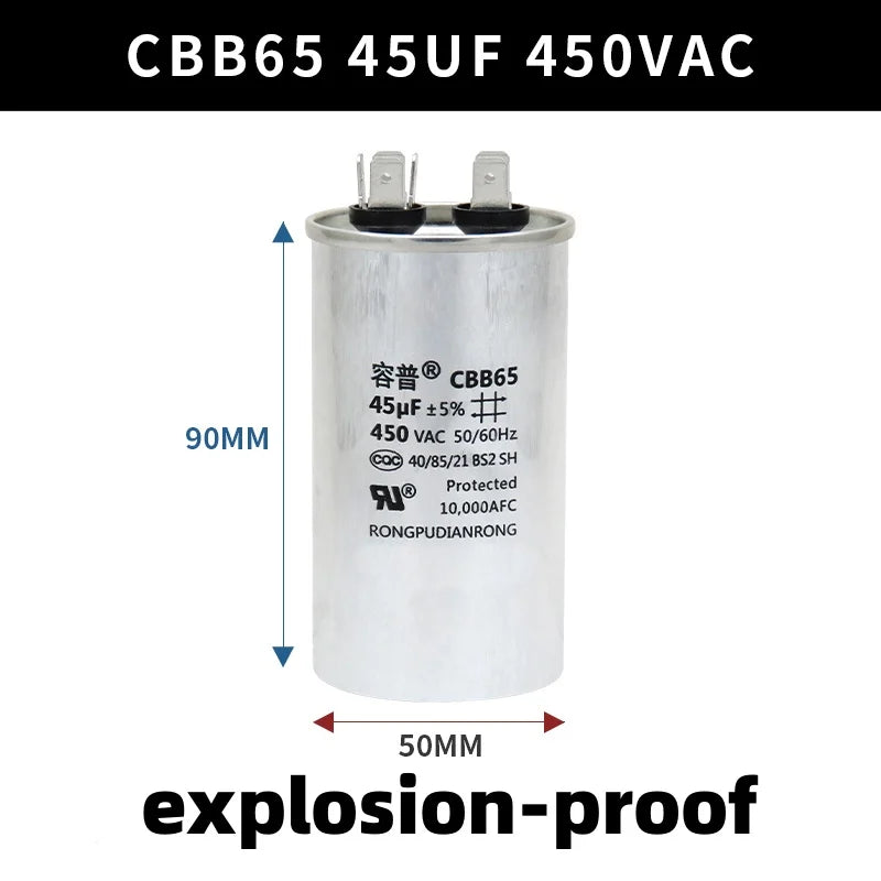 CBB65 450V Motor Capacitor Air Conditioner Compressor Start Capacitor 5uF 6uF 20uF 25uF 30uF 35uF 40uF 45uF 50uF 60uF 70uF