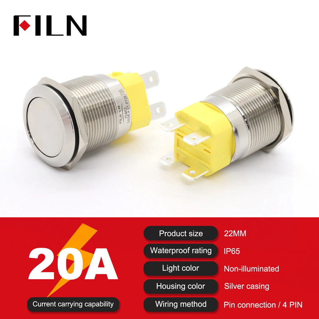 High Current 19mm 22mm 20A 12V 24V 110V 220V IP68 Waterproof Flat Ring Round Push Button Switch Metal Stainless Steel 20cm Wire