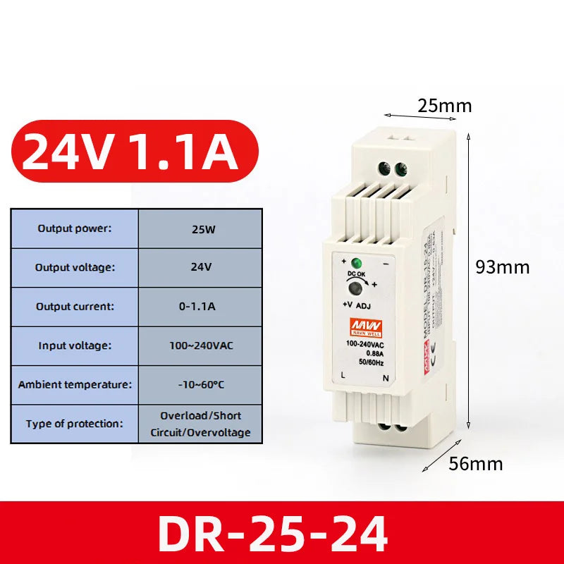 DR-60W Output 5V 12V 15V24V DIN Rail Switching Power Supply 24V DC 220V to 12V Transformer 5V Module Power Supply Box