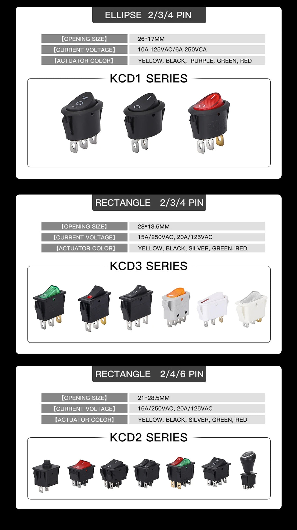 50PCS/LOT ABILKEEN KCD2-203 Plastic Rocker Toggle Switch 6Pin DPDT ON-OFF-ON Latching KCD2 Rocker Switch 16A 250VAC for Car Auto