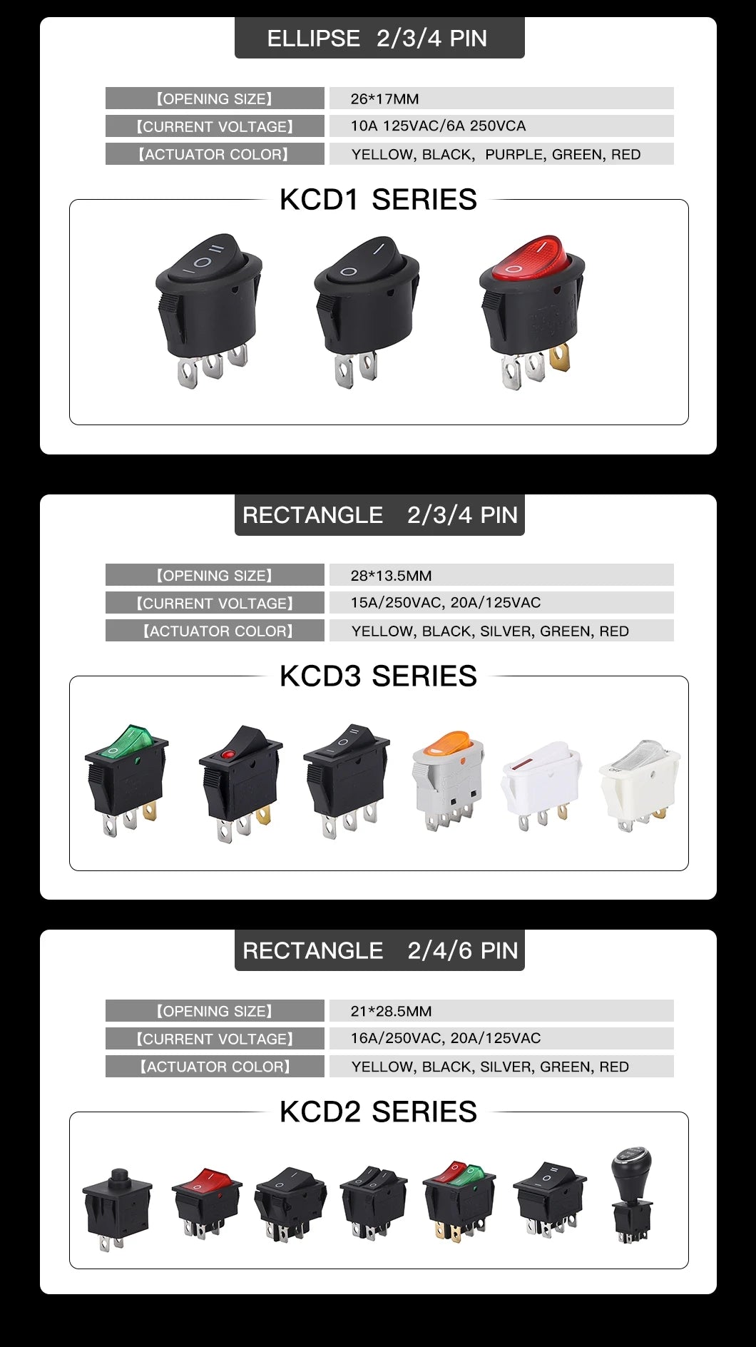 50PCS/LOT ABILKEEN KCD2-203 Plastic Rocker Toggle Switch 6Pin DPDT ON-OFF-ON Latching KCD2 Rocker Switch 16A 250VAC for Car Auto