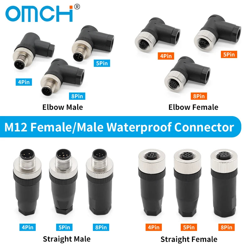 OMCH 1PCS M12 Sensor Connector Waterproof IP67 Aviation Plug Socket Male Female 4 5 8Pin Hole Straight Bend Angle Screw Threaded