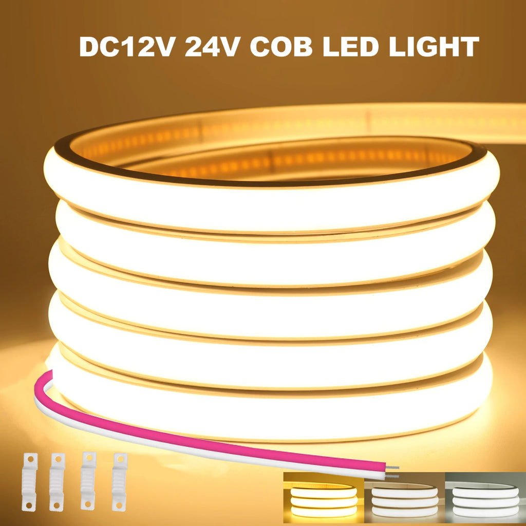 12V 24V COB LED Neon Strip Light Waterproof Ribbon Tape 2Pin Wire Warm Natural White 320LEDs/M Flexible Home Decor 0.5m 1m 2m 5m