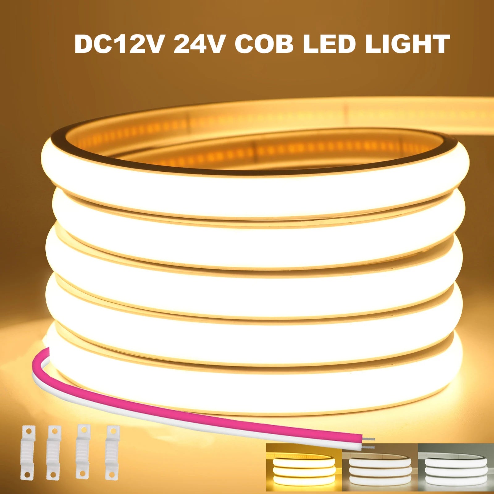 12V 24V COB LED Neon Strip Light Waterproof Ribbon Tape 2Pin Wire Warm Natural White 320LEDs/M Flexible Home Decor 0.5m 1m 2m 5m