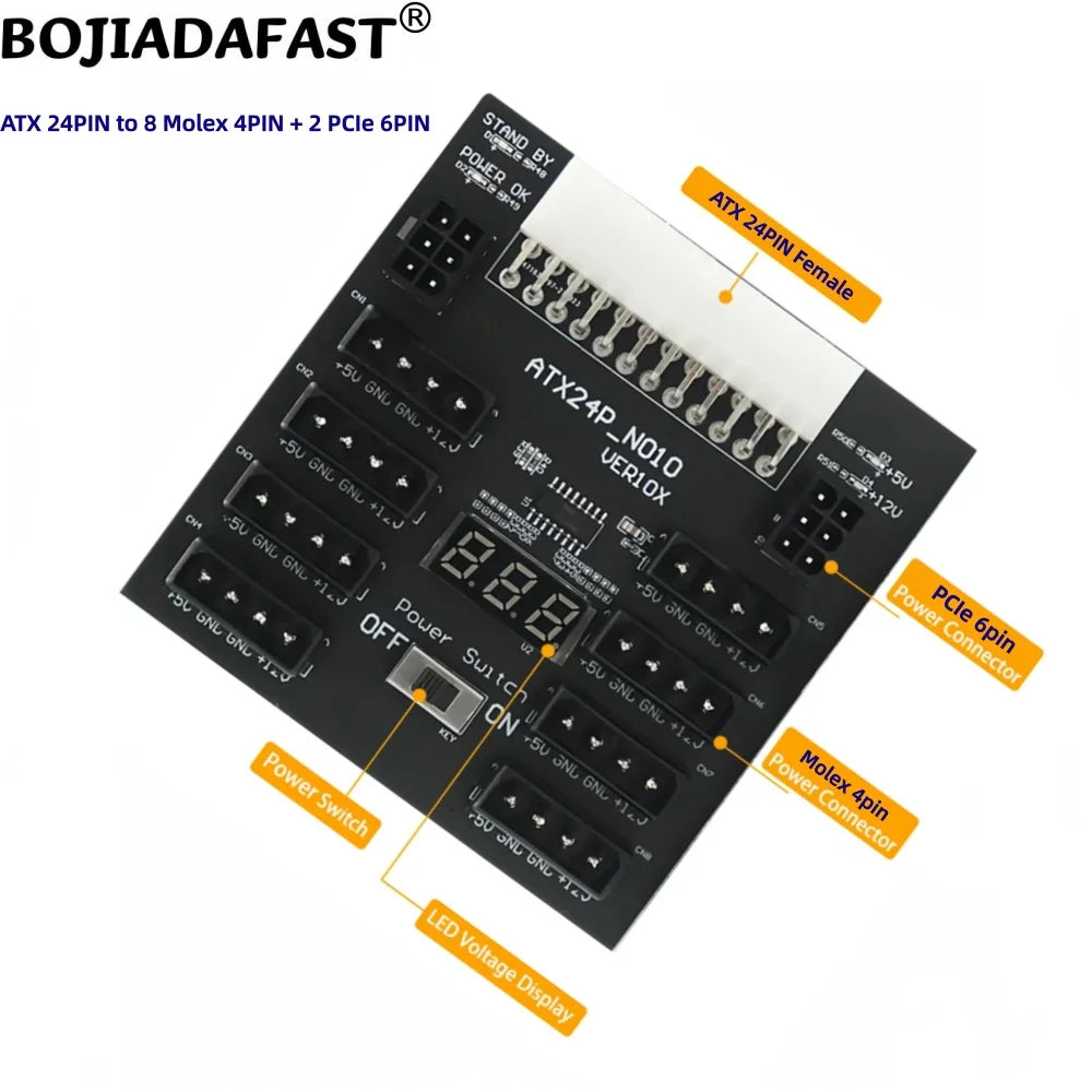 Computer PSU ATX 24PIN to 8 * Molex 4Pin + 2 * PCIE 6Pin Breakout Board Adapter For Hard Disk Drive