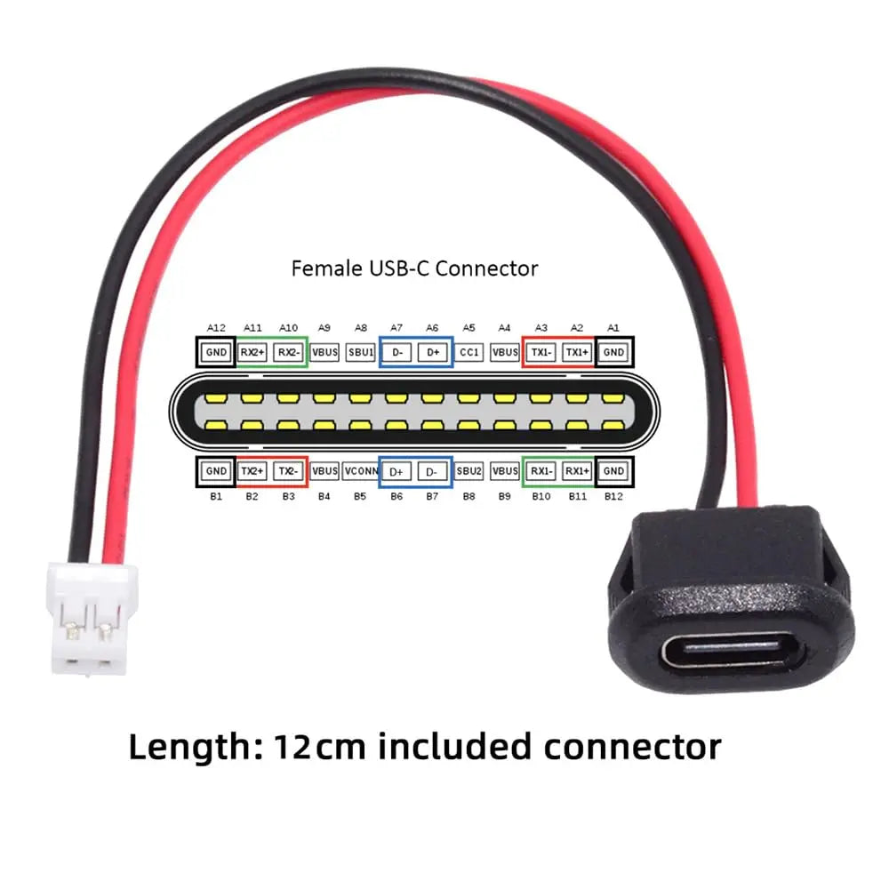 5pcs Type-C Female Chassis Waterproof 2P Solder Wire Type USB C Pigtail Cable USB-C Plug to 2 Pin Bare Wire Open End Connector