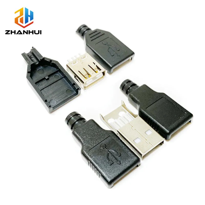 10 Sets DIY USB 2.0 Type-A Male Connector - 4-Pin Solder-Type Black Plastic Shell Adapter for Data Connection