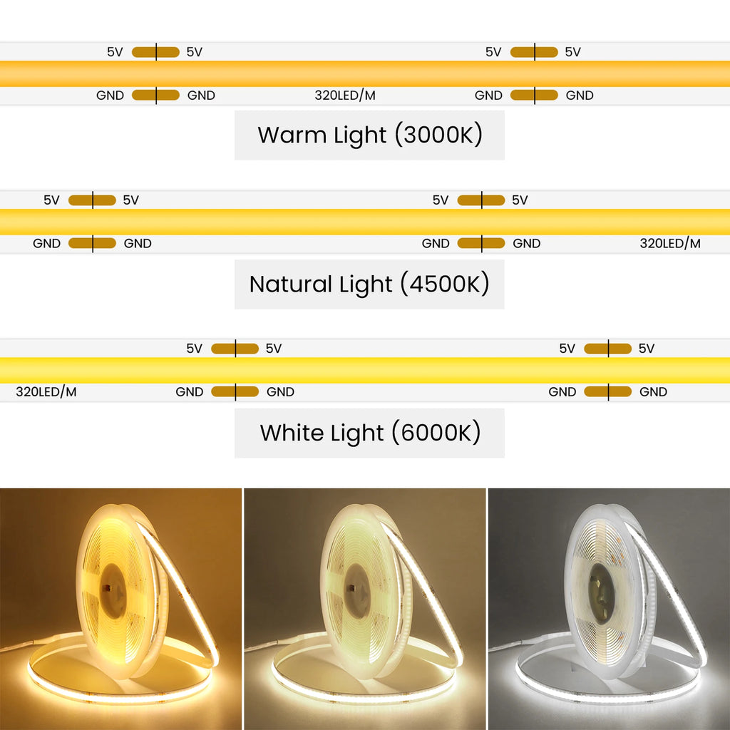 3AA Battery Box COB LED Strip 5V 8MM 320LEDs/m Warm Natural White Flexible Battery Tape COB Strip for Bedroom TV Backlight