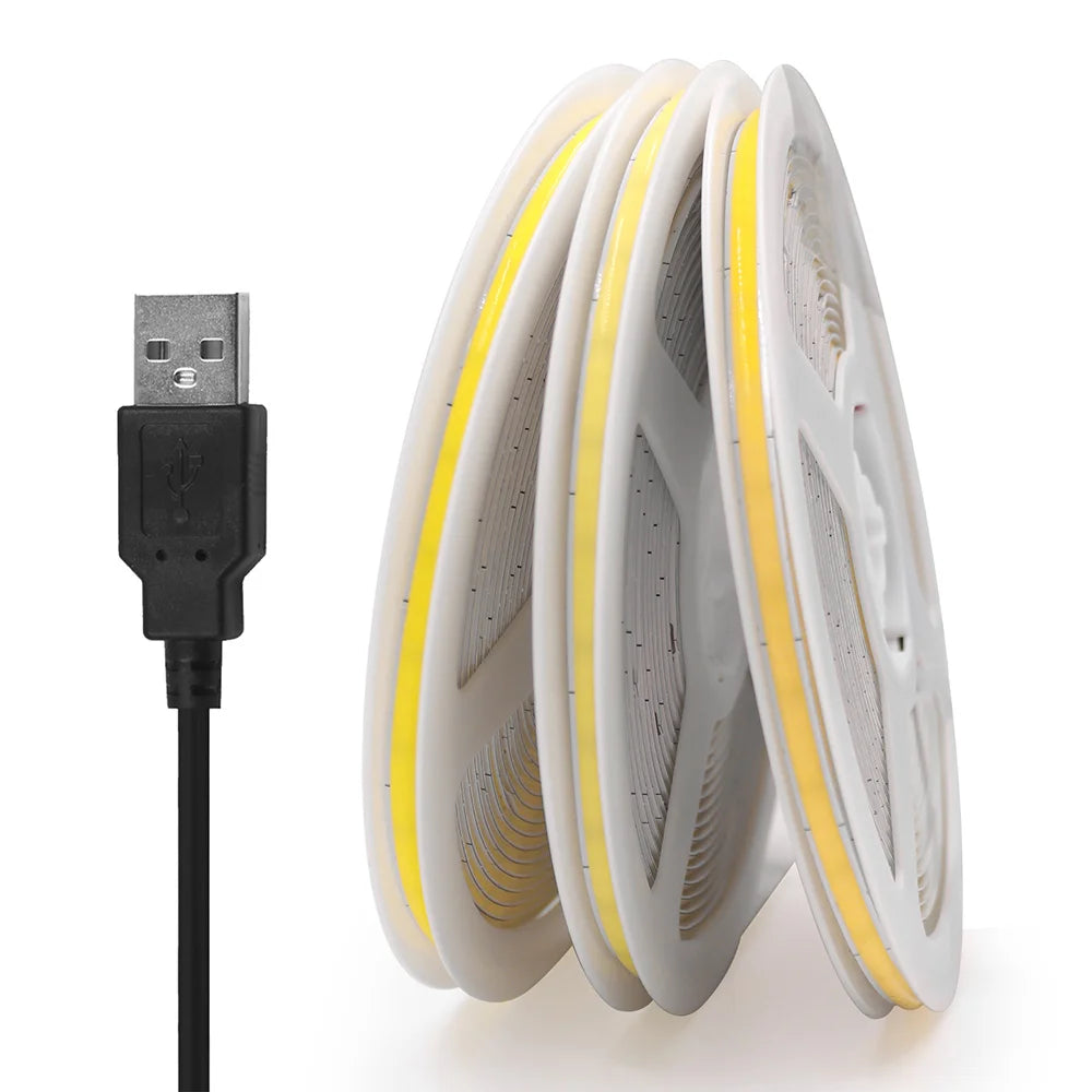 New 5V USB COB Strip Light 320Leds/m Warm Natural White Cabinet Lamp Night Lighting Flexible LED Ribbon Stripe DC5V TV Backlight