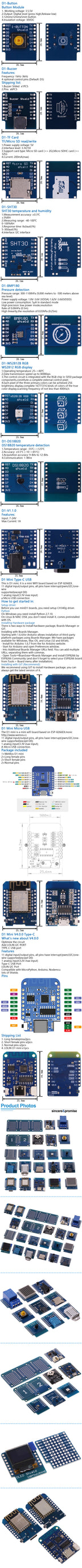ESP8266 D1 Mini Pro WiFi Development NodeMcu Lua ESP-12F CH340G Type-c Micro SD/TF SHT30 Proto Board Dual Base for WeMos DIY Kit