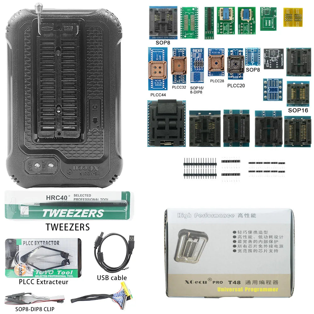 XGecu T48 (TL866-3G) Programmer + 27 Adapters + ISP Cable Support 34000+ ICs for SPI/Nor/NAND Flash/EMMC BGA/TSOP/SOP/PLCC