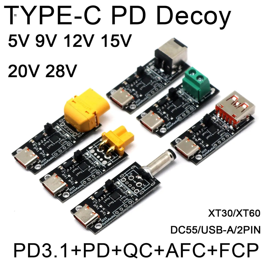 PD3.1 Decoy Fast Charging 28V 20V 15V 12V 9V 5V Voltage Trigger QC PD TO DC XT30 XT60 USB Power Delivery Model Aircraft Charger