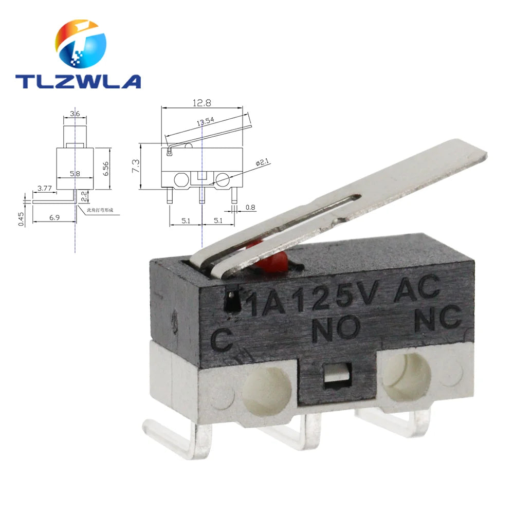 10PCS Micro Limit Switch Momentary Push Button Switch 1A 125V AC Mouse Switch 3Pins Long Handle Roller Lever Arm SPDT 12X6X6MM
