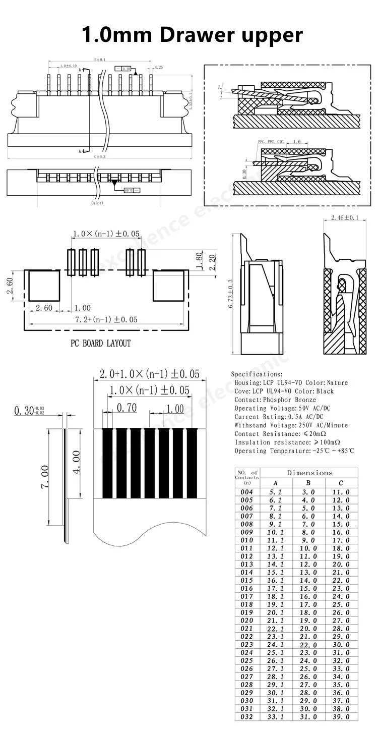 5pcs FPC Connector 0.5mm/1.0mm Pitch Drawer Type Upper/ Bottom Contact Type Socket FFC Flat Cable Socket 4P 5P 6P 8P 10P-60Pin
