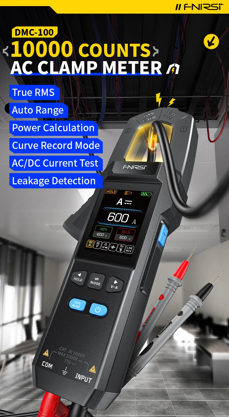 FNIRSI DMC-100 Clamp Meter 10000 Counts TRMS AC/DC Current Amperemeter Clamp 600A Digital Multimeter USB Charge Electrician Tool