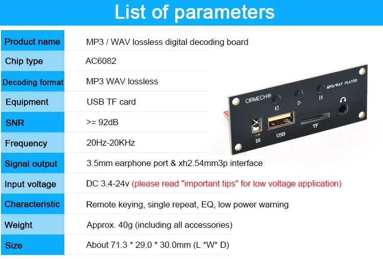 CIRMECH USB U-Disk T-Flash Micro SD Card Decoder MP3 Player Support MP3 WAV Remote Control Single Repeat Function