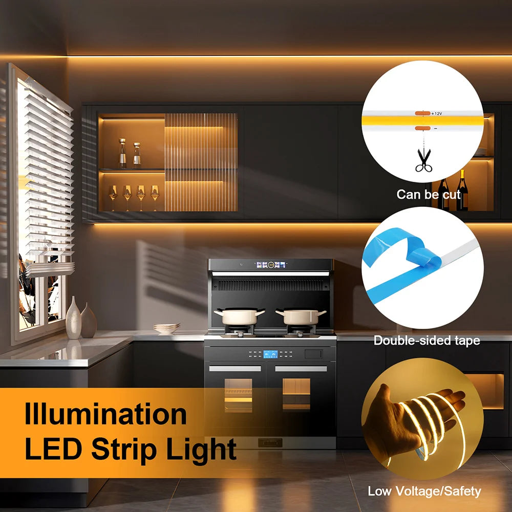 3mm 5mm PCB COB LED Strip Light 5V 12V 24V 320LED 8mm CRI90 Super Bright Flexible LED Tape For Cabinet Home Liner Lighting