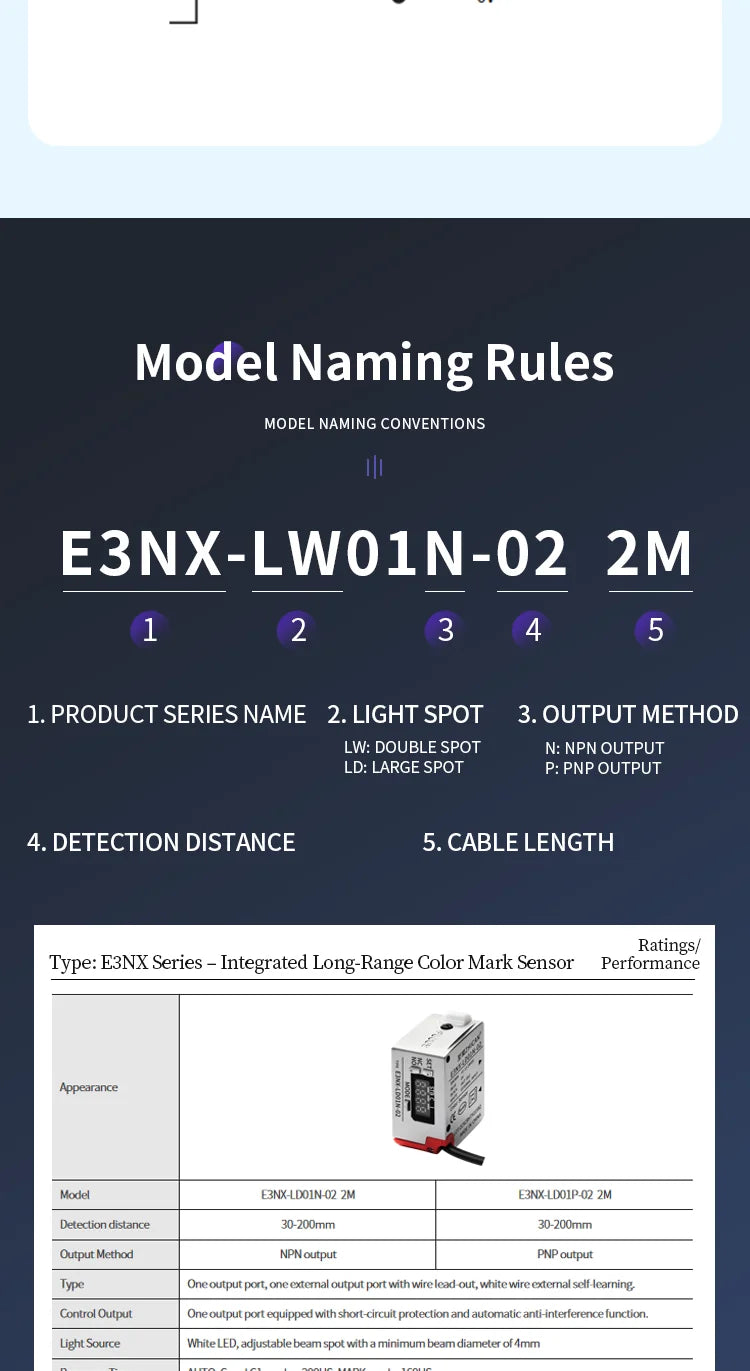 ZHICAN E3NX-L Color Mark Sensor 30-200mm Adjustable Sensing Distance High Precision Registration Detection Label Positioning