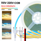 220V 110V 5m-20m COB LED Strip Light with EU/US Plug/2pin Wire 3000K 4000K 6500K 240LEDs/m Linear Lighting Flexible Tape Lights