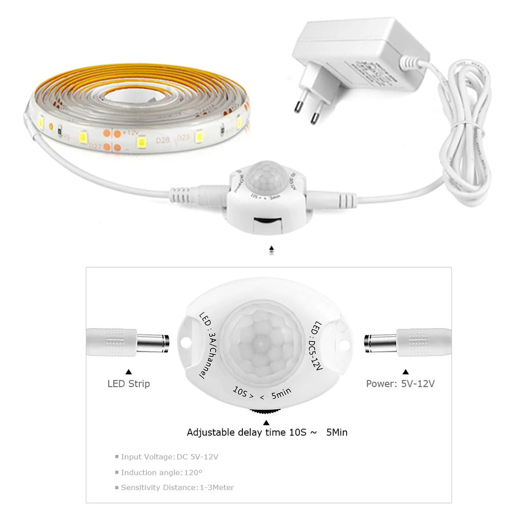 LED Light Closet 1M-5M with PIR Motion Sensor Night Light 12V 2835 LED Strip for Kitchen Bedroom Bathroom Stair Smart Lamp