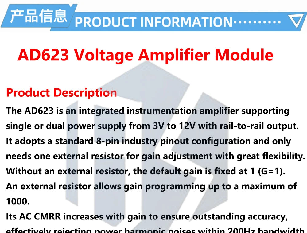 AD623 Instrument Amplifier Board DC 3V 5V 12V Dual Single Power High CMRR Module for Transducer Thermocouple