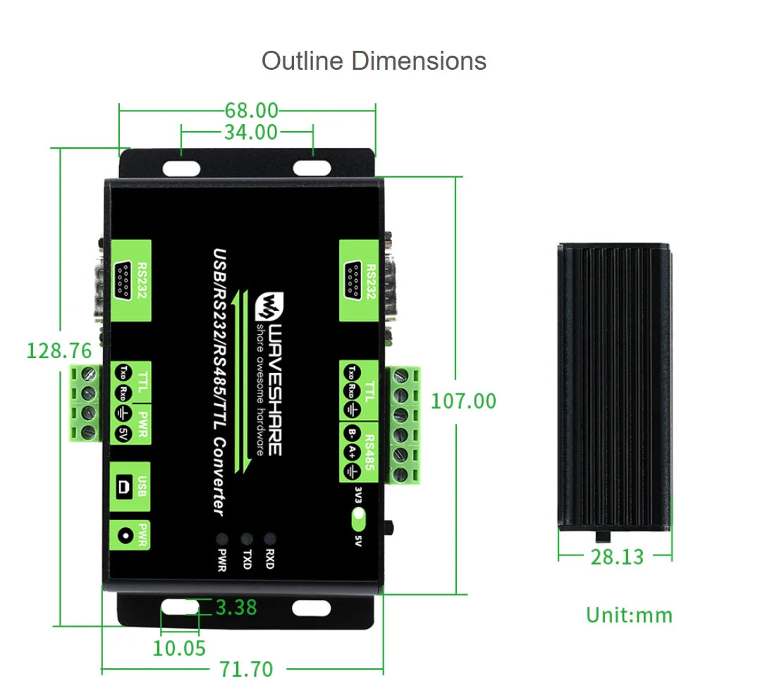 Waveshare Industrial Isolated Multi-Bus Converter, USB / RS232 / RS485 / TTL, Communication between different buses