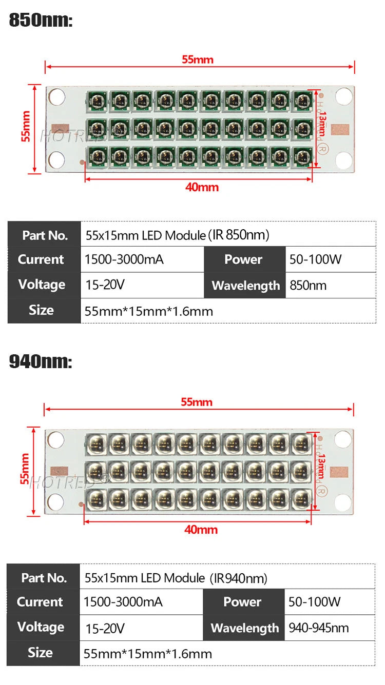 High Power LED Chip IR Infrared 730nm 810Nm 850nm 940nm Deep Red 660nm 30W 50W 100W Grow Plant Light for Night Vision CCTV Camer