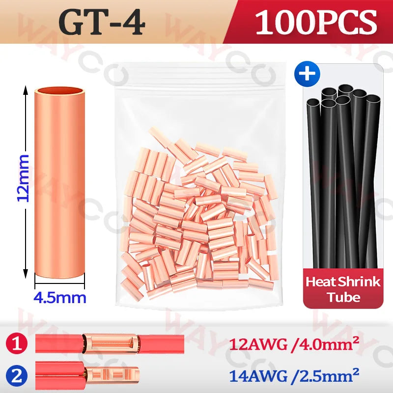 100PCS GT Copper Crimp Terminals Electrical Wire Cable Tubular Connectors Ring Sleeve Ferrules Lugs Have Heat Shrink Tubing