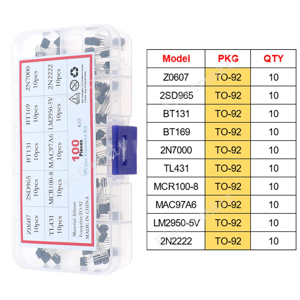 SOP-23 SOP-223 TO-252 TO-92 TO-92L TO-126 TO-220 Mosfet Triode Thyristor Voltage Regulator PNP/NPN Transistor Assortment Kit