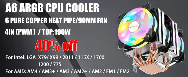 6 Heat Pipe CPU Cooler 4Pin PWM PC Quiet Air Cooler Fan for Intel LGA 1366 1700 1200 1150 1151 1155 2011 X79 X99 AM3 AM4 AM5