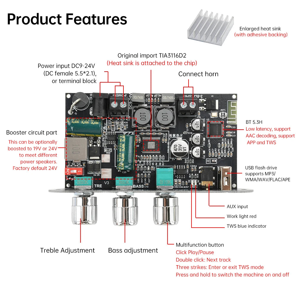 ZK‑1001U Mono 100W Bluetooth Amplifier Board TPA3116D2 DC9‑24V TWS Stereo Pairing Support Wuzhi Audio APP AUX U Disk USB Sound Card Amp Module