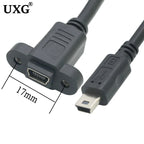 Pitch 17.5mm 5 Pin Micro Mini USB C Male To TYPE-C Female Extension Data Sync Power Charge Cable With Screws Lock Panel Mount