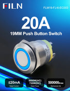 FILN 22mm 20A Metal Push Button Switch with Wire Harness Connector IP67 Waterproof LED Ring Light High Current Switch 12V 220V