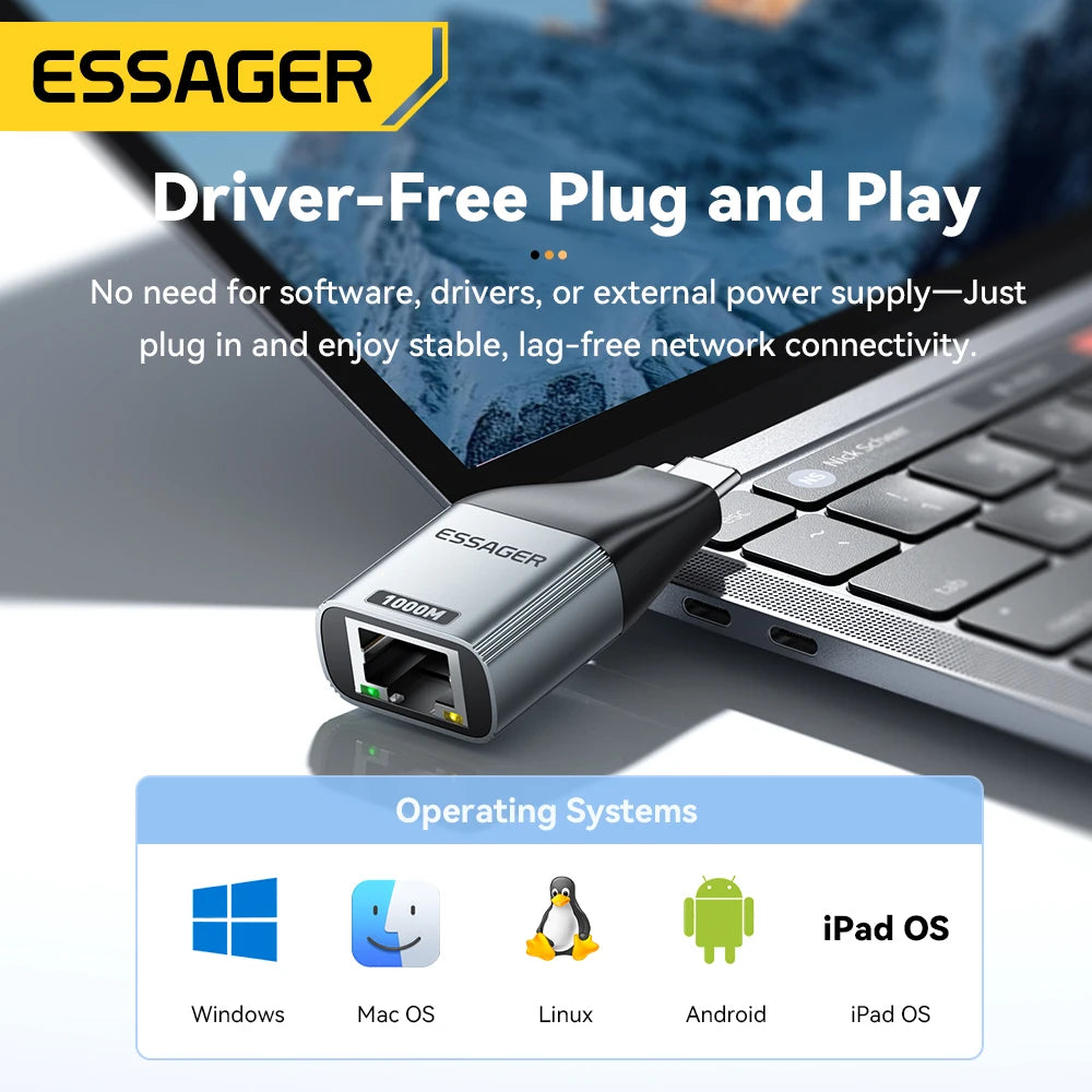 Essager Ethernet Adapter 1000/100Mbps RJ45 To Type C Connector Extender Extension for PC Tablet Laptop Projector Gigabit Adapter