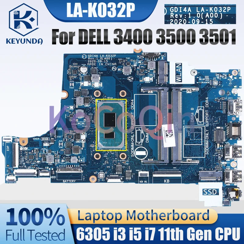 NEW For DELL Vostro 3400 3500 Inspiron 3501 Notebook Mainboard LA-K032P 07HC6F 06PGNJ I3 I5 I7-11TH CPU Laptop Motherboard Test