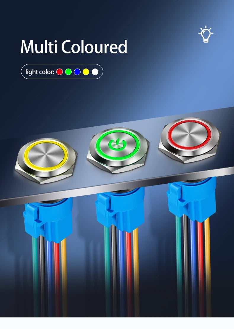 Metal Round Push Button Switch 12‑16‑19‑22mm, Momentary & Latching Power Control Button with LED Indicator for Electronic Projec