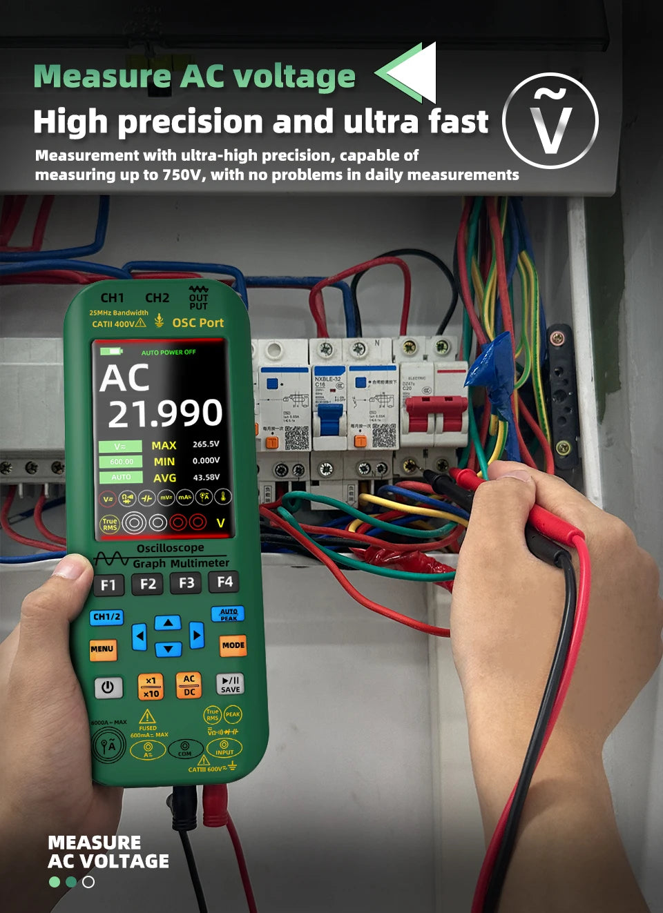 BSIDE 4-IN-1 Handheld Oscilloscope Digital Multimeter+Function Signal Generator Dual Channel O7:25MHz/O9:50MHz Current Tester