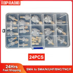 24PCS SMA RF Coaxial Adapter Kit SMA M/F to TNC UHF BNC N F Male Female Coax Cable Connector WiFi Radio Antenna Converter Set