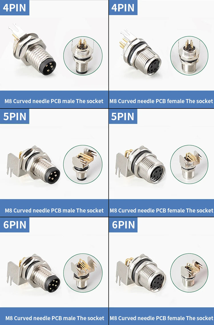 5/10 PCS M8 Male/Female Curved Straight Jack Socket 3 4 5 6 8 Pin Solder IP67/68 Waterproof PCB Panel Connector