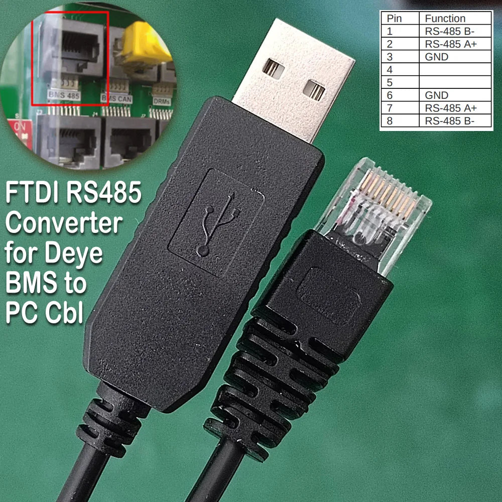FTDI Chip USB to RS485 Serial Adapter Cable for Deye SunSynk Sol-Ark Inverters RJ45 PC Real Time Monitor Config Program Cable