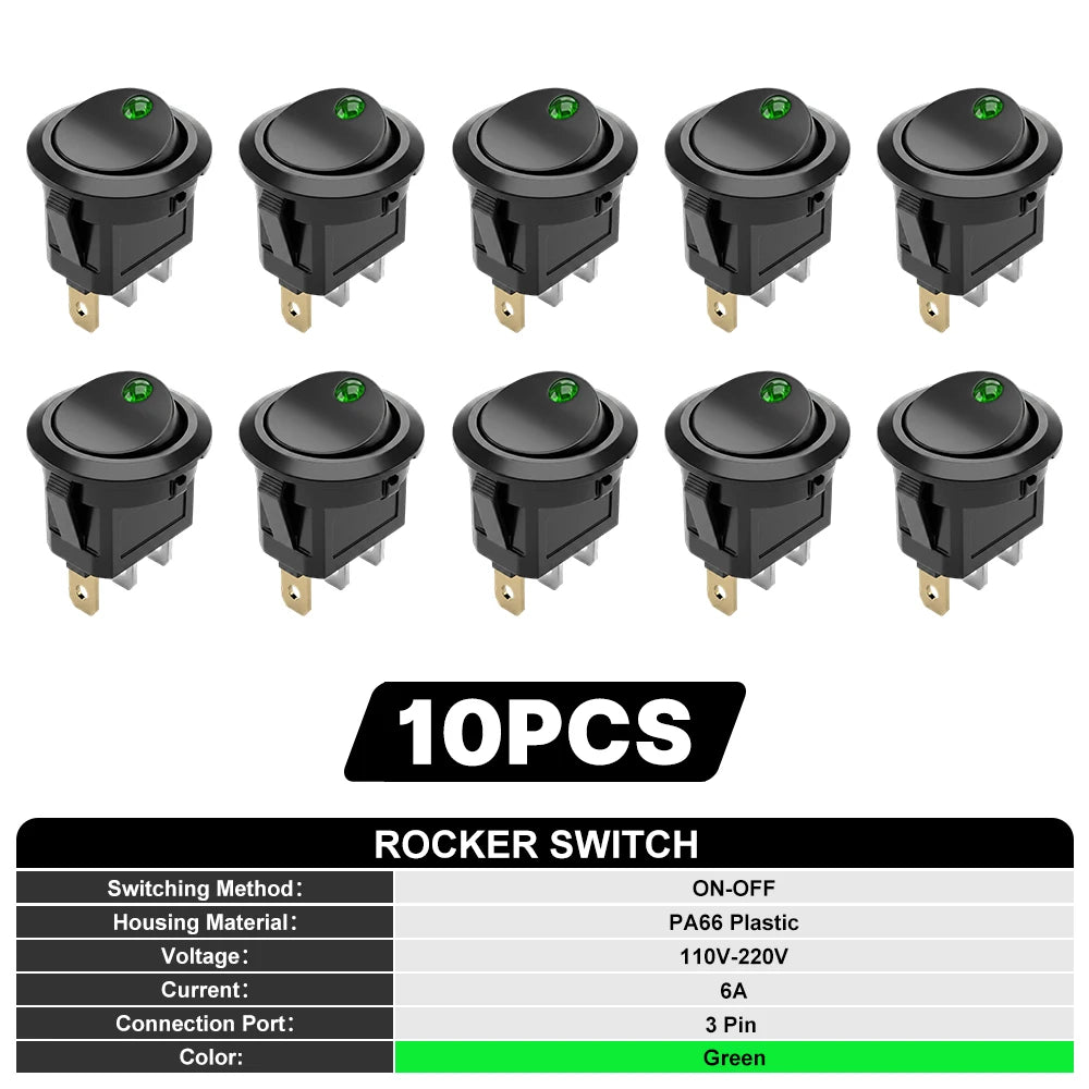 FILN 10Pcs 12V 24V 110V 220V Round Rocker Switch 3 Pin ON OFF LED Lighted Car Dash Boat Marine RV SPST Toggle Switch