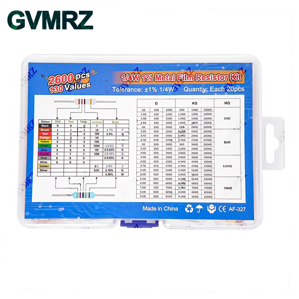 1/4W 1/8W 1/2W 1W 2W Metal Film Resistor Kit 130 Values 0.125W 0.25W 0.5W 1% Resistance Assortment Assorted Set Box
