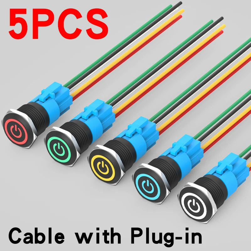 5PCS 16/19/22mm Metal Button Switch  Black Shell Flat Head Waterproof LED Momentary Reset Latching Button Switch 12V 24V 220V