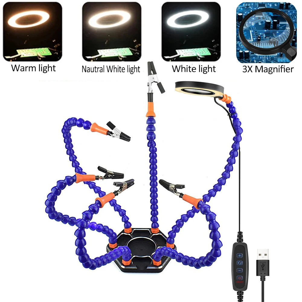 Flexible Holder Alligator Arms Soldering Helping Hands Table Clamp Pcb Board Adjustable Welding Repair Third Hand Tool Magnifier