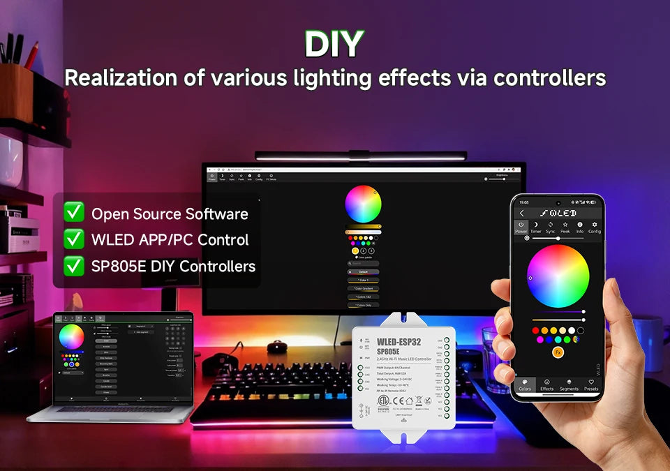 SP805E ESP32 WLED Controller WiFi Music LED Controller for Addressable WS2811 WS2812 WS2814 WS2815 SK6812 PWM CCT RGB Cob Strips