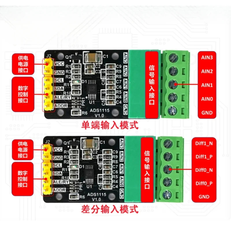 ADS1115 16-Bit 4-Channel I2C ADC Module, High Precision for Sensor Voltage Measurement