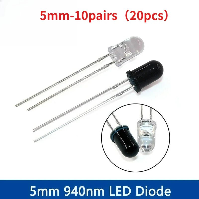 10-30Pairs 5mm 940nm IR LED Diode Kit Infrared Emitter & Receiver Diodes F5 for Remote Control DIY Electronics & Sensor Projects