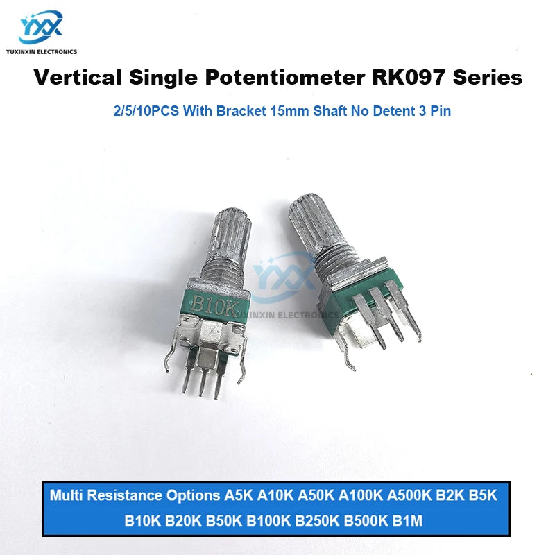 2/5/10PCS RK097 R097 Vertical Precision Potentiometer with Bracket 15mm Handle No Gear 3 Feet A/B10K 2K 5K 50K 100K 250K 1M